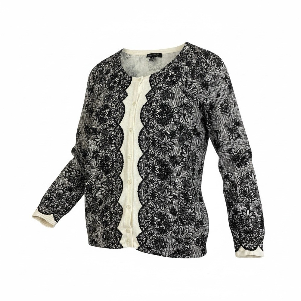 TOP KNIT Cardigan Sweater Women’s Size XL Black & Cream Floral Shimmer